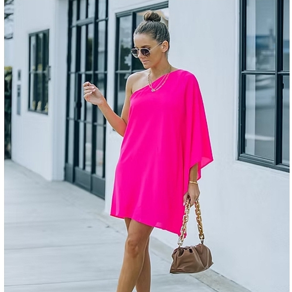 Asymmetric One-Shoulder Hot Pink Dress for Women